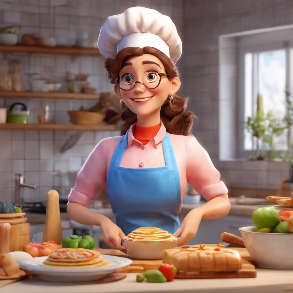 Crie uma cena de desenho animado  estilo 3d -Pixar, Onde uma mulher, de cabelos lisos castanhos claros com 50 anos de idade, óculos She's cooking dressed as a pastry chef.