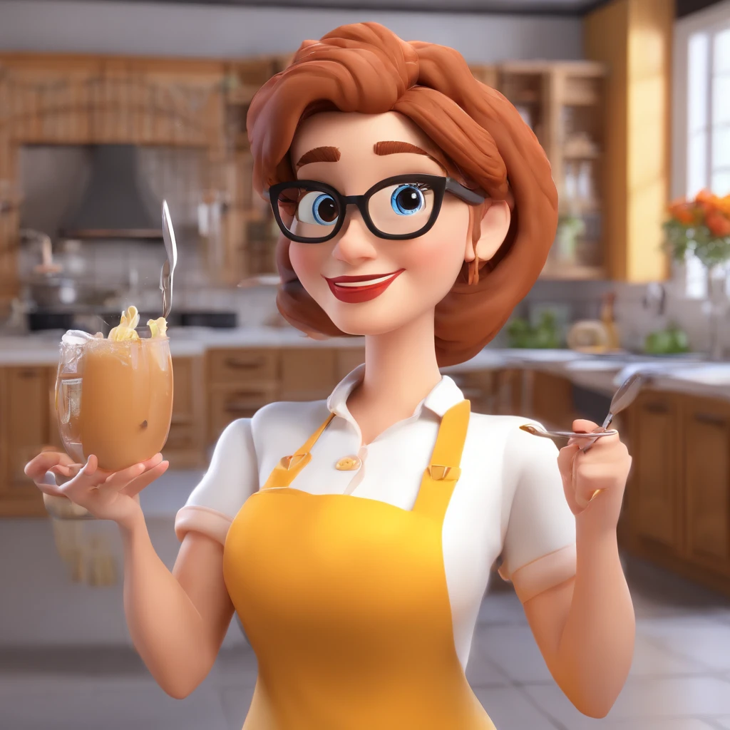 Crie uma cena de desenho animado  estilo 3d -Pixar, Onde uma mulher, de cabelos lisos castanhos claros com 50 anos de idade, óculos She's cooking dressed as a pastry chef.