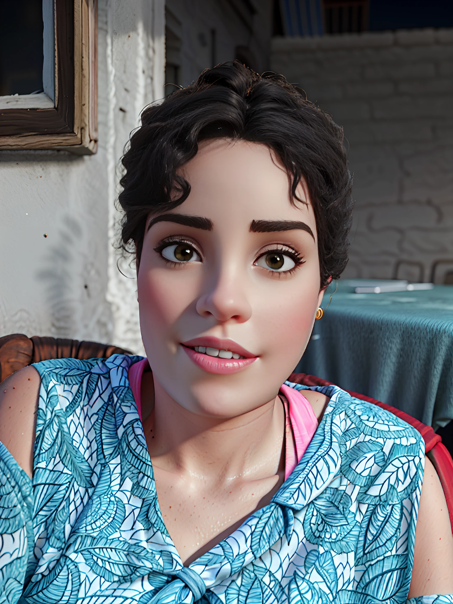 Beautiful Brazilian woman sitting and drinking coffee outside on the side of the street in a small café, beautiful face, Short black hair down to the nape of her neck with brown eyes and heavy eyeshadow, Wearing jeans and a black polo shirt, grande estilo de moda, looking at you with loving eyes and a soft smile, Background is a European city of the city center, fundo desfocado, profundidade de campo rasa, Cinematic light, luz suave, retroiluminado, micro-detalhes, renderizado, fotorrealista, cinemactic, 85mm 1.4