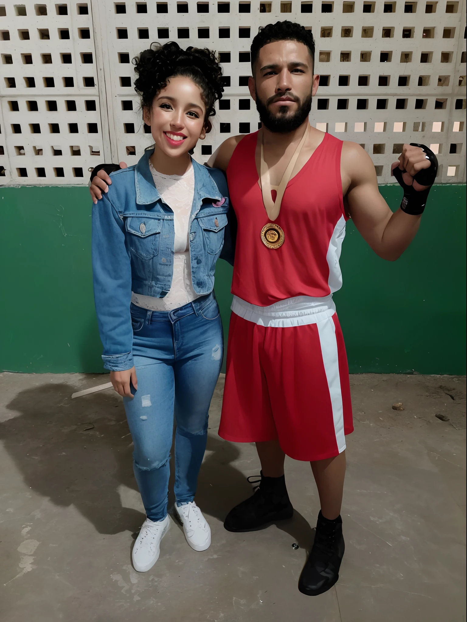 There's a curly man and a curly woman, morena, cabelos curtos, posando para uma foto juntos, posando pronto para uma luta, posando para uma luta, em um ringue de boxe, luvas pretas.