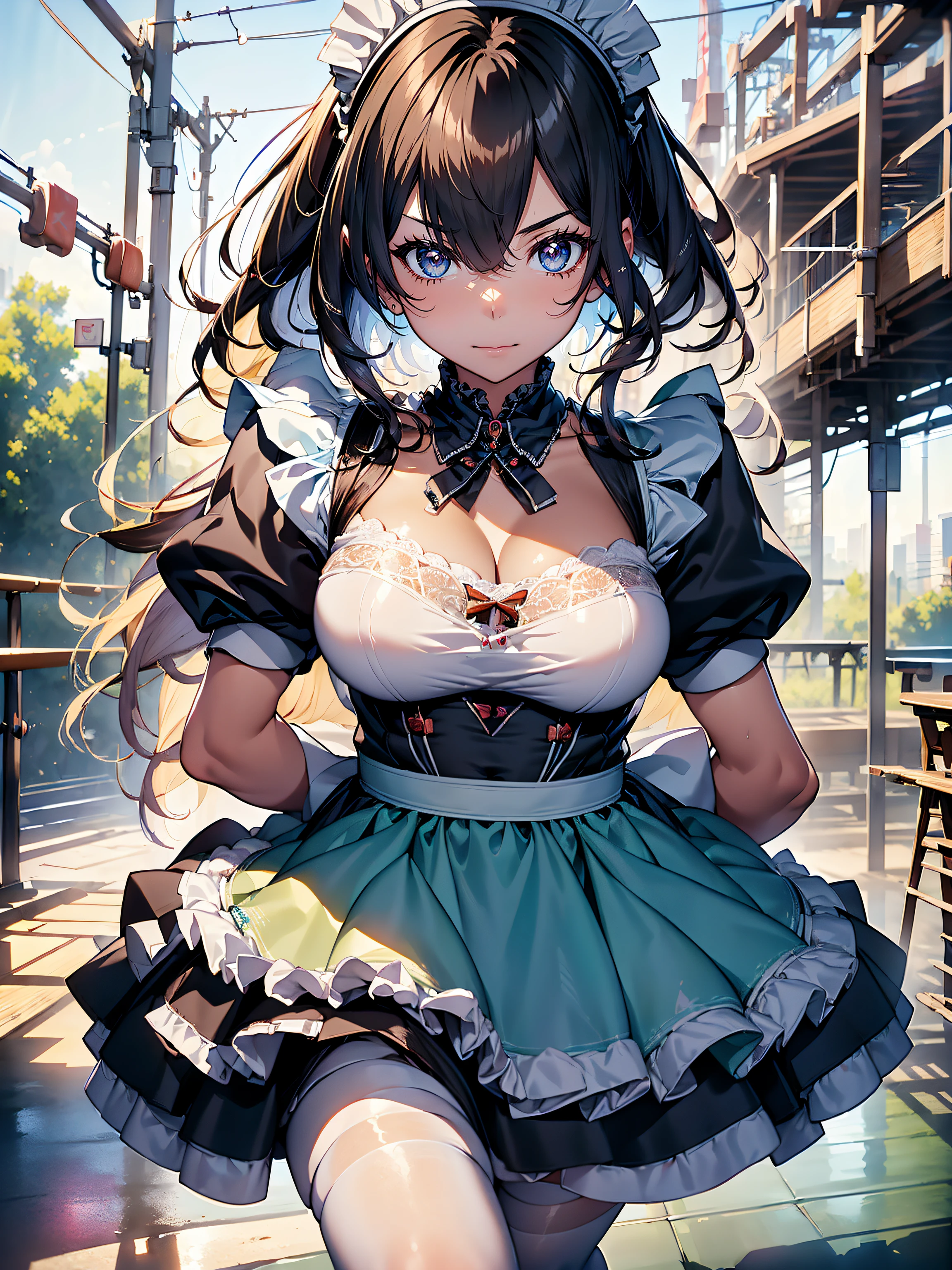 ((maid clothes:1.3)),hiquality, hight resolution, ultra-detailliert, high-level image quality, hightquality, anime illustrated, (finely detailed beautiful eye: 1.2), Detailed eye depiction, (finely detailed eyes and detailed face:1.3), (extremely details CG, Best Shadow:1.1), Depth of field and blur, (Perfect Detail: 1.1) , digitial illustration, Enamel Art, Center, Watercolor painting, art stations, concept-art, character sheets, Lightning Wave, beautiful anime watercolors, Vibrant colors, Sharp Focus, art by:hyung tae kim, Fine detail, intricate detailes, Curvaceous body, Detailed eye depiction, Vibrant colors,((Nervous look before riding a roller coaster))