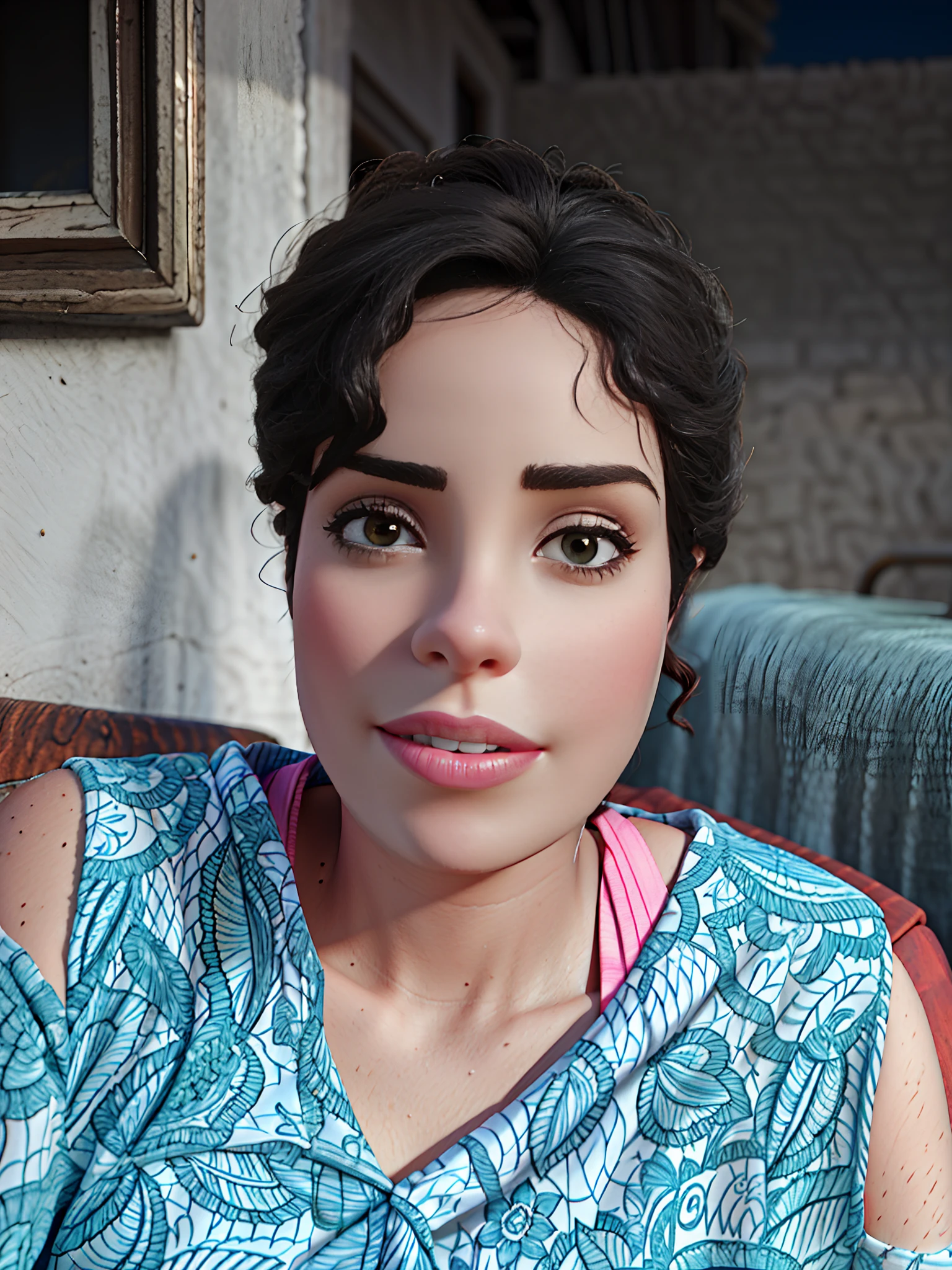 Beautiful Brazilian woman sitting and drinking coffee outside on the side of the street in a small café, beautiful face, Short black hair down to the nape of her neck with brown eyes and heavy eyeshadow, Wearing jeans and a black polo shirt, grande estilo de moda, looking at you with loving eyes and a soft smile, Background is a European city of the city center, fundo desfocado, profundidade de campo rasa, Cinematic light, luz suave, retroiluminado, micro-detalhes, renderizado, fotorrealista, cinemactic, 85mm 1.4