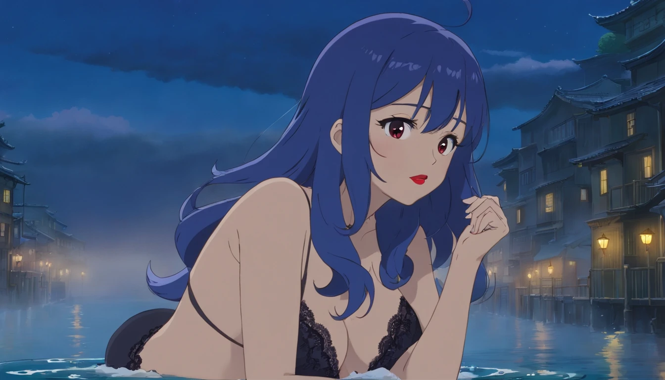 A stunning woman with ocean-colored hair, her tresses flowing down her back like the gentle waves of the sea. Her body is voluptuous, with big breasts and a round, plump ass that demands attention. She's dressed provocatively in a form-fitting, midnight-blue dress that hugs her curves and ends just above her knees. The fabric is sheer enough to tease, revealing hints of her black lace underwear beneath. Her makeup is flawless, with a bold red lipstick accentuating her full lips and smoky eyes that seem to hold secrets. The setting is an enigmatic one - the woman stands in the middle of a misty, foggy street, her presence commanding yet mysterious.