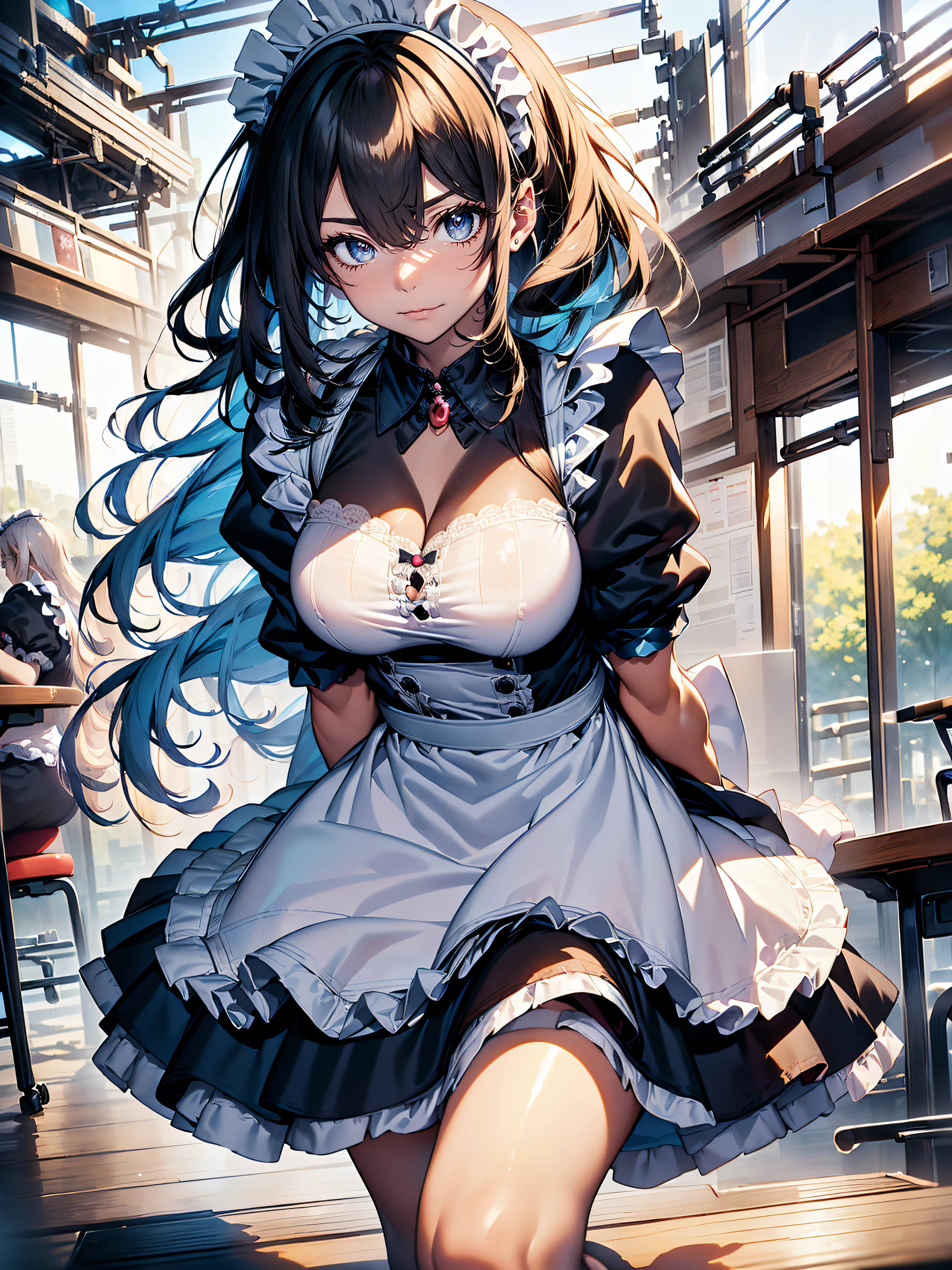 ((maid clothes:1.3)),hiquality, hight resolution, ultra-detailliert, high-level image quality, hightquality, anime illustrated, (finely detailed beautiful eye: 1.2), Detailed eye depiction, (finely detailed  eyes and detailed face:1.3), (extremely details CG, Best Shadow:1.1), Depth of field and blur, (Perfect Detail: 1.1) , digitial illustration, Enamel Art, Center, Watercolor painting, art  stations, concept-art, character sheets, Lightning Wave, beautiful anime watercolors, Vibrant colors, Sharp Focus, art by:hyung tae kim, Fine detail, intricate detailes, Curvaceous body, Detailed eye depiction, Vibrant colors,((Nervous look before riding a roller coaster))