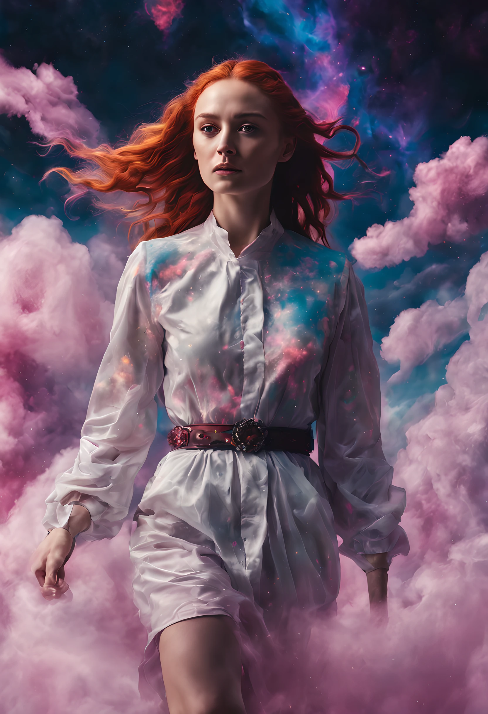 (Solo) Incredible and spectacular cloud figure Sophie Turner emergency scene in cosmic clouds, Chain of fractal nebulae, cosmic, Celestial, cosmic, A vibrant and vivid entity, whirly, Spinning, unreal, High contrast, Symbolism, magical, mistic, mistic, Hyper-realistic, Supersaturation, Colorful, 8K