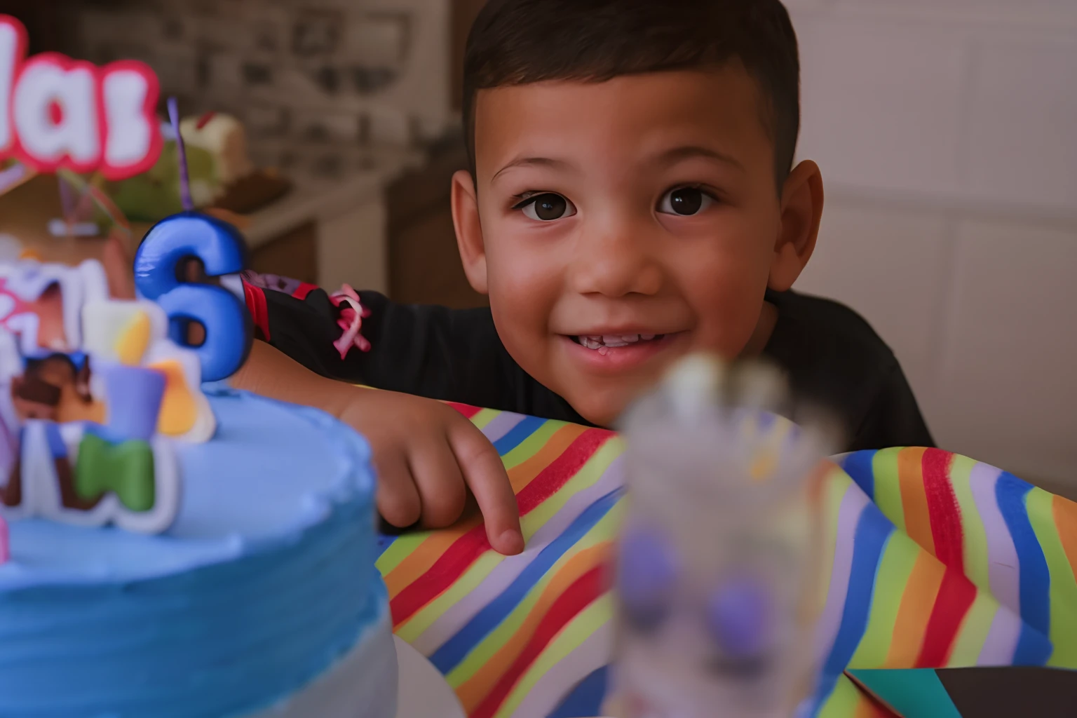 Create a Disney Pixar inspired poster of a child, realistic, brown hair, roblox body, best quality there is a young boy sitting at a table with a birthday cake, holding a birthday cake, 4yr old, 2 years old, 5 years old, detailed portrait shot, a still of a happy, four years old, close up portrait shot, close - up portrait shot, at a birthday party, he is about 20 years old | short, celebrating a birthday