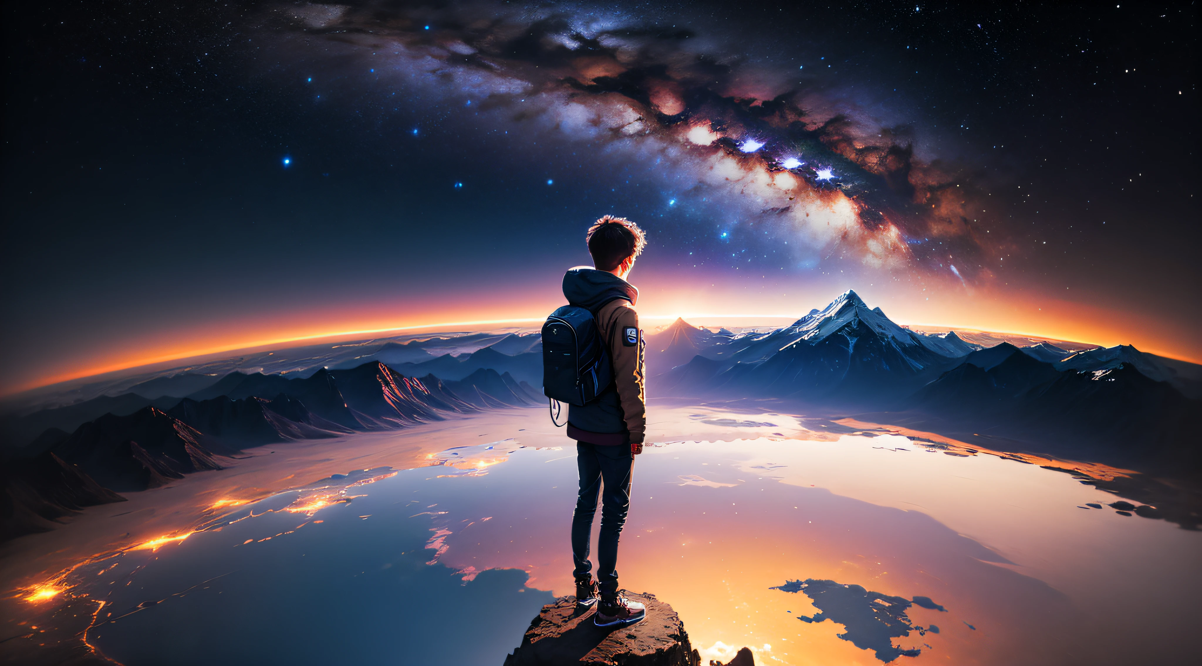 A teenager standing on top of the planet looking at the Milky Way