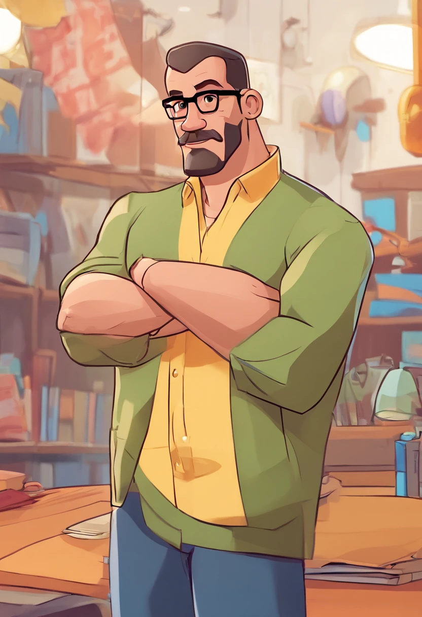 Cartoon character, alone, of a man 40 years old, light brunette, with black glasses, bald, no hair, very short beard and mustache, a blue shirt, no hair, bald, animation character, stylized character, animation style rendering, cartoon rendering keyshot, Cartoon character, Cartoon character, Stylized 3D rendering, Cartoon character rendering, cartoon character, Close up character, Character pose, (Pixar Style) (master piece:1.2) (Bokeh) (best quality) (detailed skin) (detailed texture) (4k) (clay) (Cinematic lighting) (sharp focus)