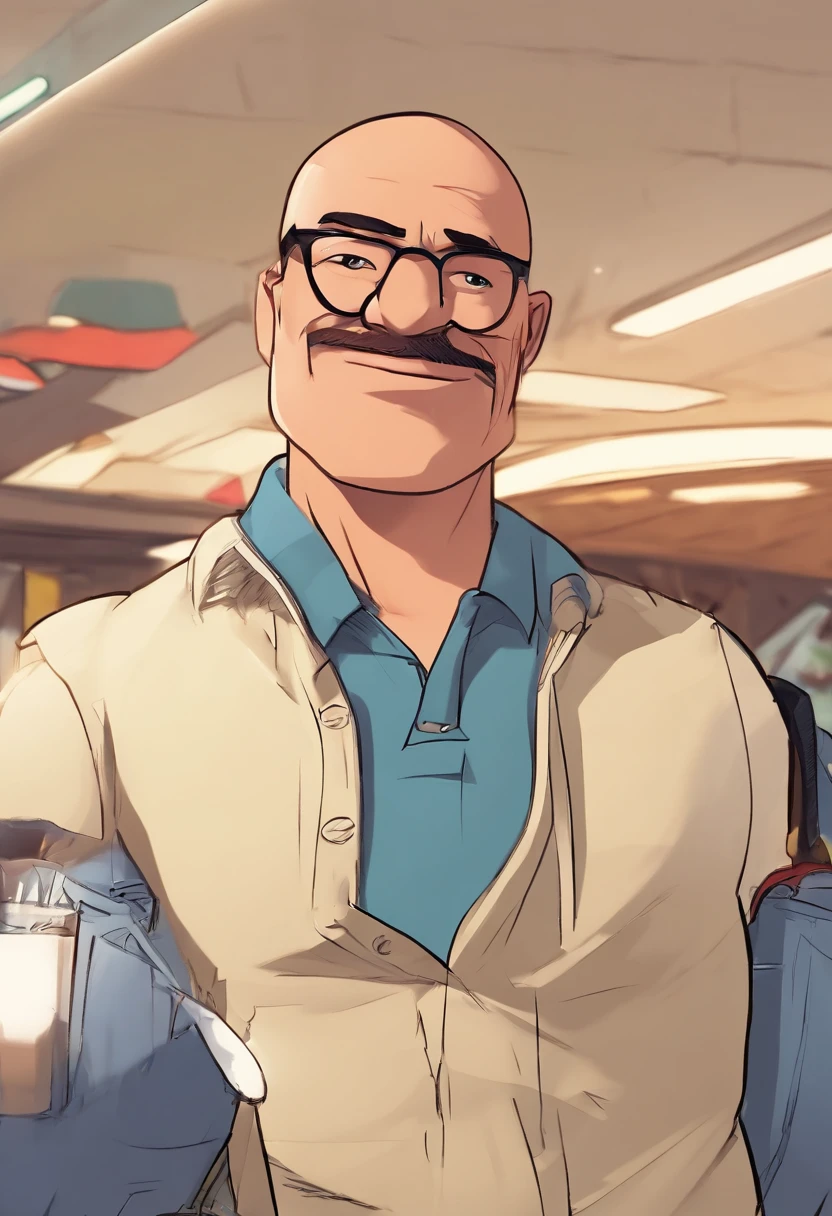 Cartoon character, alone, of a man 40 years old, light brunette, with black glasses, bald, no hair, very short beard and mustache, a blue shirt, no hair, bald, animation character, stylized character, animation style rendering, cartoon rendering keyshot, Cartoon character, Cartoon character, Stylized 3D rendering, Cartoon character rendering, cartoon character, Close up character, Character pose, (Pixar Style) (master piece:1.2) (Bokeh) (best quality) (detailed skin) (detailed texture) (4k) (clay) (Cinematic lighting) (sharp focus)