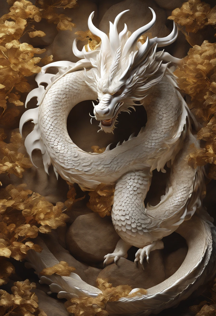 "Very nice 3d rendering of white Chinese dragon,Dynamic representation, Vivid effects and details,Top image quality,A high resolution,plethora of colors, A bunch of coins, treasure"