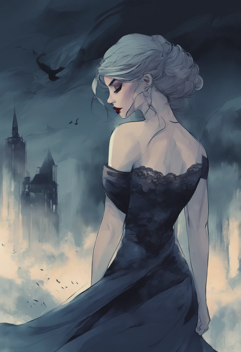A stunning woman with ocean-colored hair, her tresses flowing down her back like the gentle waves of the sea. Her body is voluptuous, with big breasts and a round, plump ass that demands attention. She's dressed provocatively in a form-fitting, midnight-blue dress that hugs her curves and ends just above her knees. The fabric is sheer enough to tease, revealing hints of her black lace underwear beneath. Her makeup is flawless, with a bold red lipstick accentuating her full lips and smoky eyes that seem to hold secrets. The setting is an enigmatic one - the woman stands in the middle of a misty, foggy street, her presence commanding yet mysterious.
