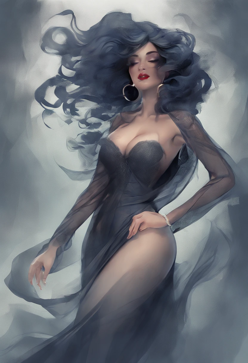 A stunning woman with ocean-colored hair, her tresses flowing down her back like the gentle waves of the sea. Her body is voluptuous, with big breasts and a round, plump ass that demands attention. She's dressed provocatively in a form-fitting, midnight-blue dress that hugs her curves and ends just above her knees. The fabric is sheer enough to tease, revealing hints of her black lace underwear beneath. Her makeup is flawless, with a bold red lipstick accentuating her full lips and smoky eyes that seem to hold secrets. The setting is an enigmatic one - the woman stands in the middle of a misty, foggy street, her presence commanding yet mysterious.