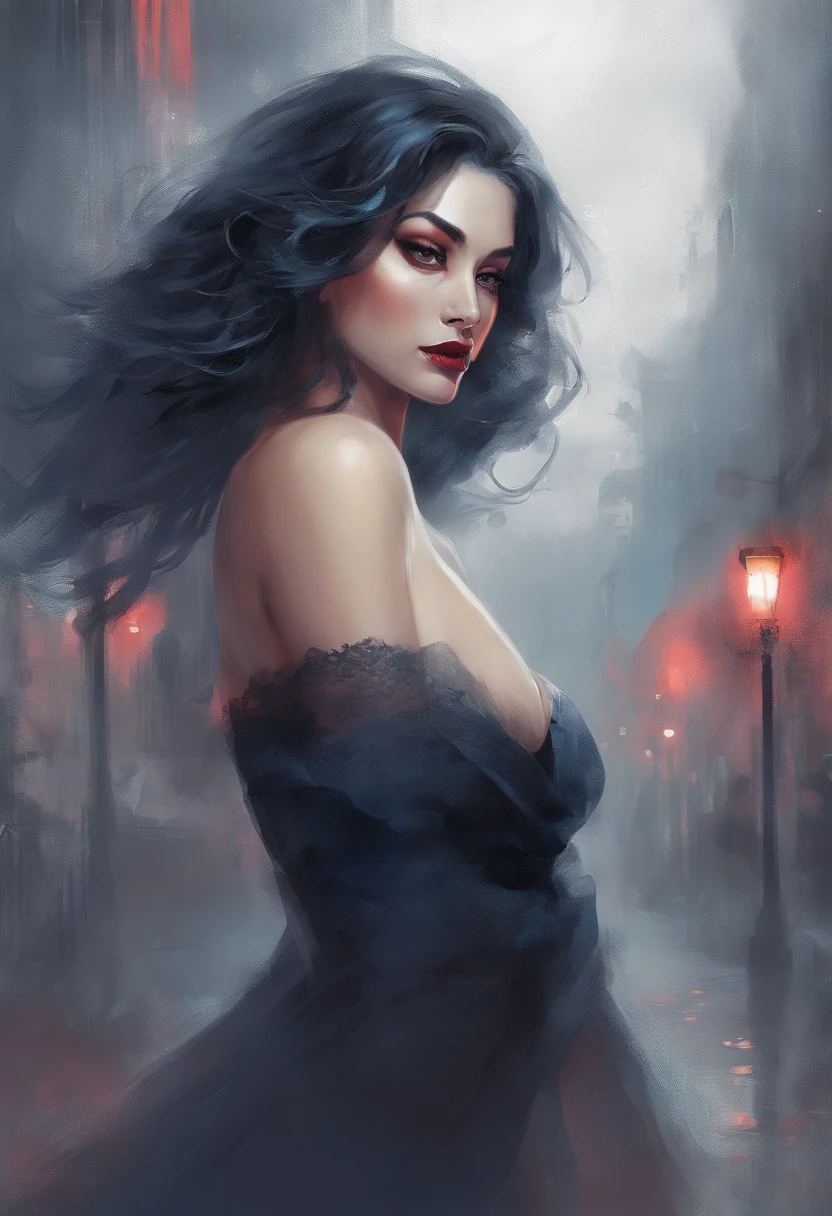 A stunning woman with ocean-colored hair, her tresses flowing down her back like the gentle waves of the sea. Her body is voluptuous, with big breasts and a round, plump ass that demands attention. She's dressed provocatively in a form-fitting, midnight-blue dress that hugs her curves and ends just above her knees. The fabric is sheer enough to tease, revealing hints of her black lace underwear beneath. Her makeup is flawless, with a bold red lipstick accentuating her full lips and smoky eyes that seem to hold secrets. The setting is an enigmatic one - the woman stands in the middle of a misty, foggy street, her presence commanding yet mysterious.