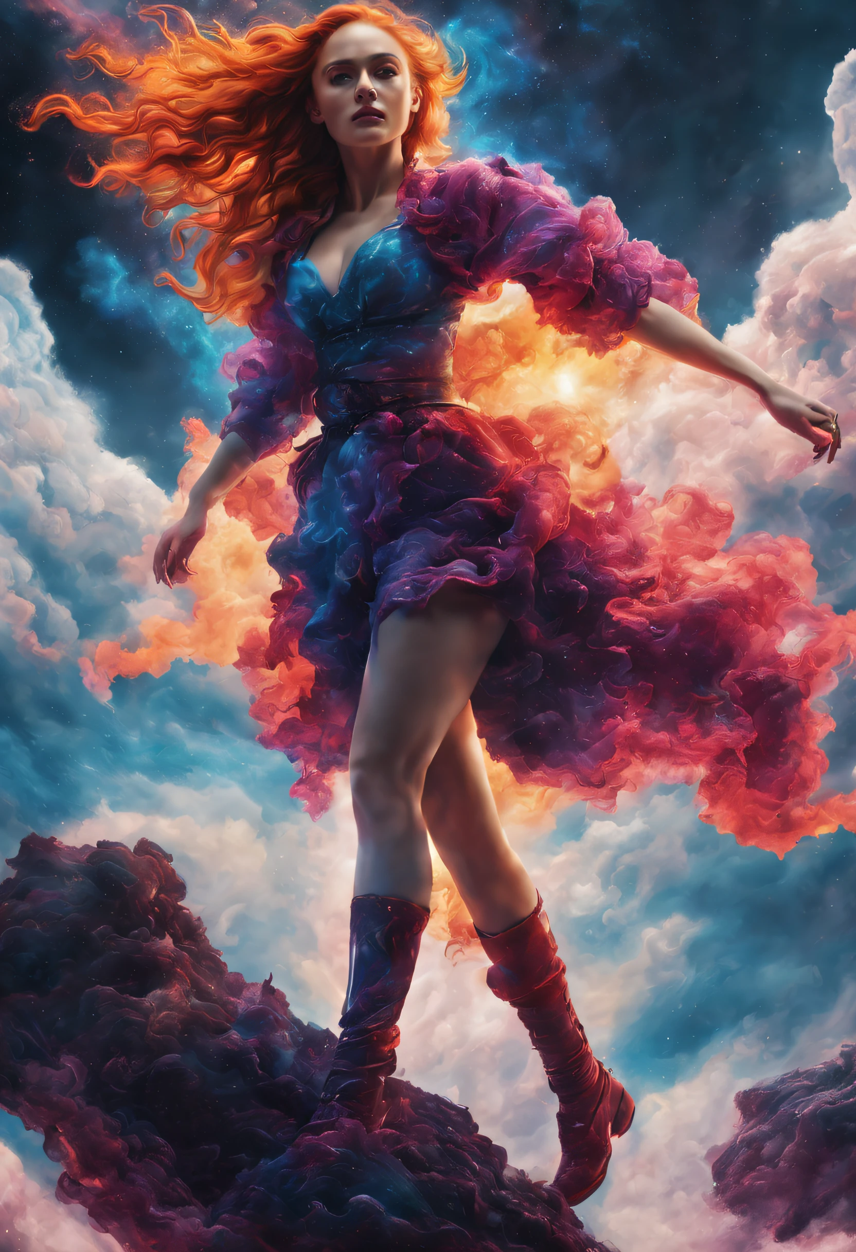 (Solo) Incredible and spectacular cloud figure Sophie Turner emergency scene in cosmic clouds, Chain of fractal nebulae, cosmic, Celestial, cosmic, A vibrant and vivid entity, whirly, Spinning, unreal, High contrast, Symbolism, magical, mistic, mistic, Hyper-realistic, Supersaturation, Colorful, 8K