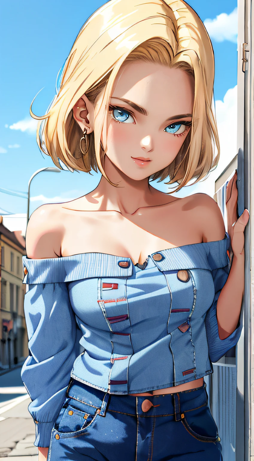 tmasterpiece, Best quality at best, ultra - detailed, absurderes, Portrait beautiful Android18DB, 独奏, 耳Nipple Ring, (比基尼:1.5),underdressing,jewely, (Off-the-shoulder attire:1.5),cleavage, upperbody closeup,ssmile, thongs, vests, clouds, Skysky, daysies, exteriors,Denim super shorts,best qualtiy, tmasterpiece, intricately details, Tone-mapping, Sharp focus, ultra - detailed, Artstati is the trend,lips, perfect face, blush, lover