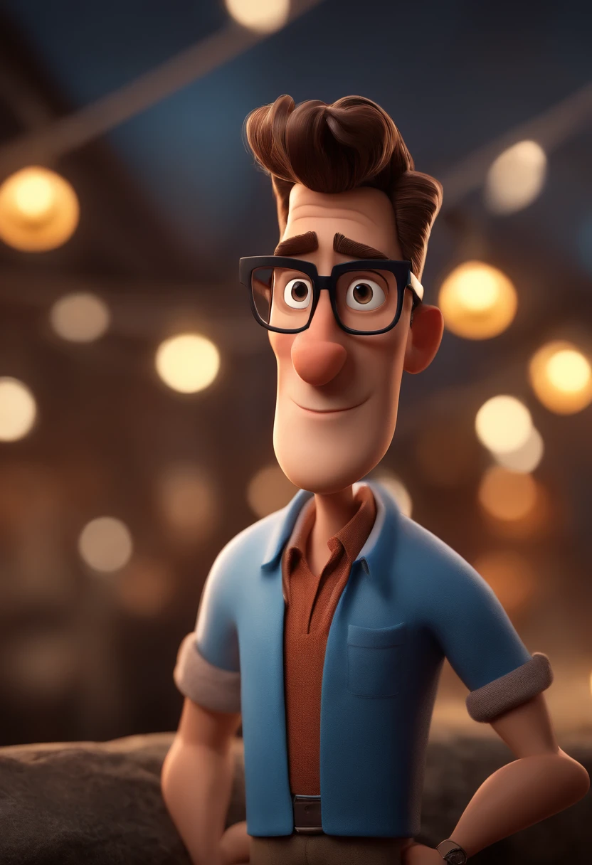 Cartoon character of a man with black glasses and a blue shirt, animation character, Caractere estilizado, animation style rendering, 3D estilizado, Arnold Maya render, 3 d render stylized, toon render keyshot, Personagem 3D, Personagem 3D, 3d rendering stylized, 3 d character render, personagem de desenho animado, Personagem de close up, Pose de personagem, (Estilo Pixar) (master part:1.2) (Bokeh) (best quality) (pele detalhada) (textura detalhada) (8k) (argila) (Cinematic lighting) (foco nítido