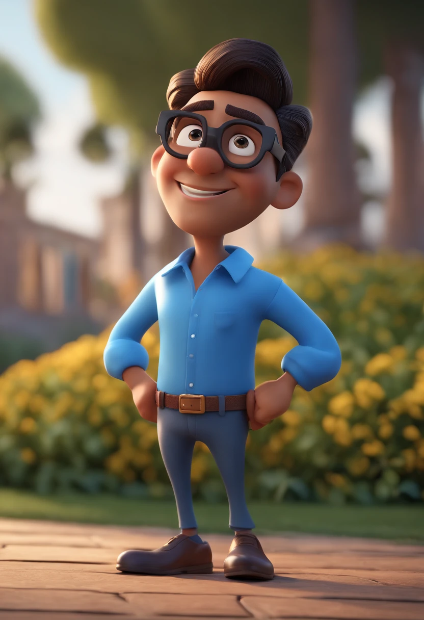 Cartoon character of a man with black glasses and a blue shirt, animation character, Caractere estilizado, animation style rendering, 3D estilizado, Arnold Maya render, 3 d render stylized, toon render keyshot, Personagem 3D, Personagem 3D, 3d rendering stylized, 3 d character render, personagem de desenho animado, Personagem de close up, Pose de personagem,  (Estilo Pixar) (master part:1.2) (Bokeh) (best quality) (pele detalhada) (textura detalhada) (8k) (argila) (Cinematic lighting) (foco nítido