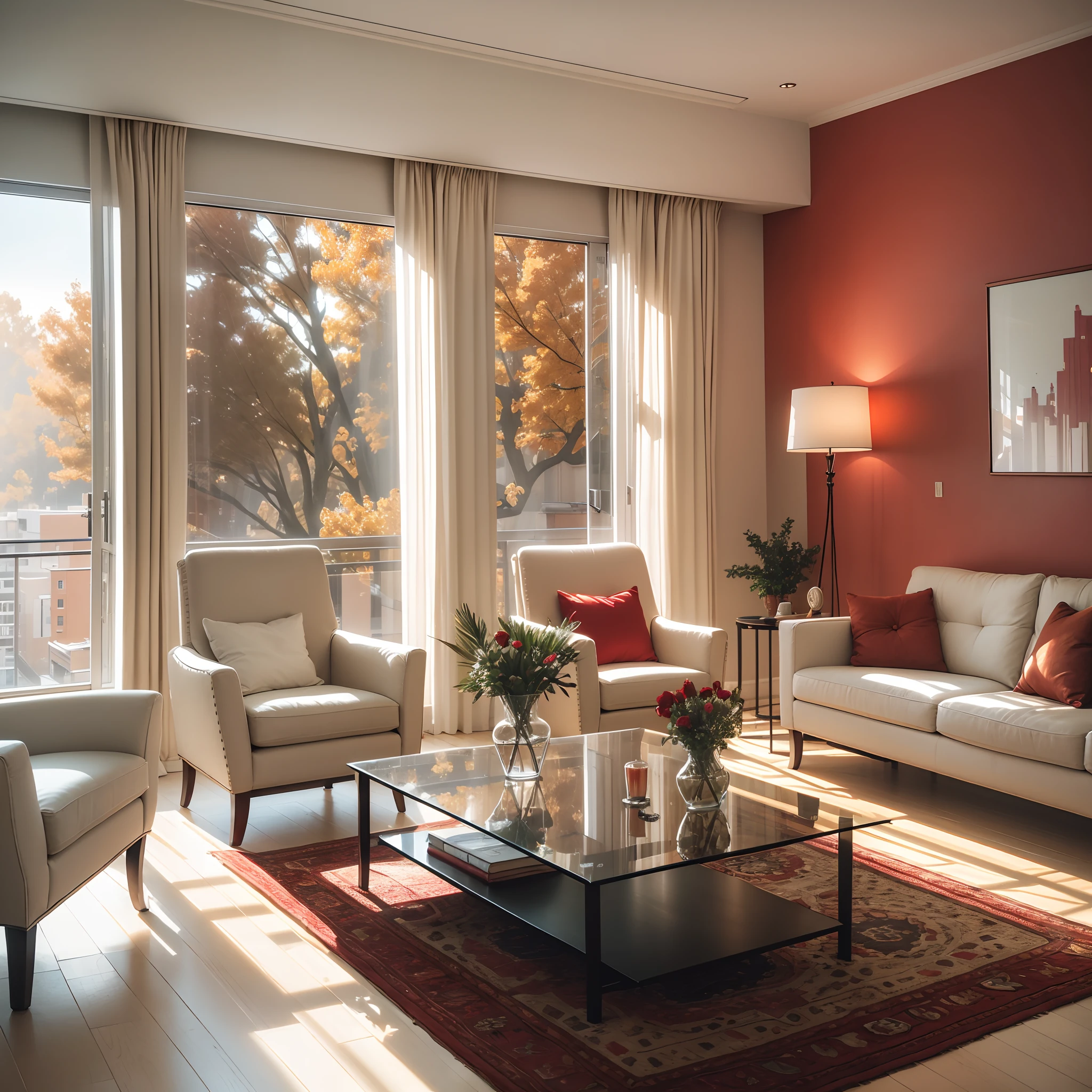 Furnished apartment, interior design, living room, chairs, window, wood and glass table, porcelain ceramic, sunlit walls, beige and red, window with sunbeams, ceiling with flashing lights. --auto --s2