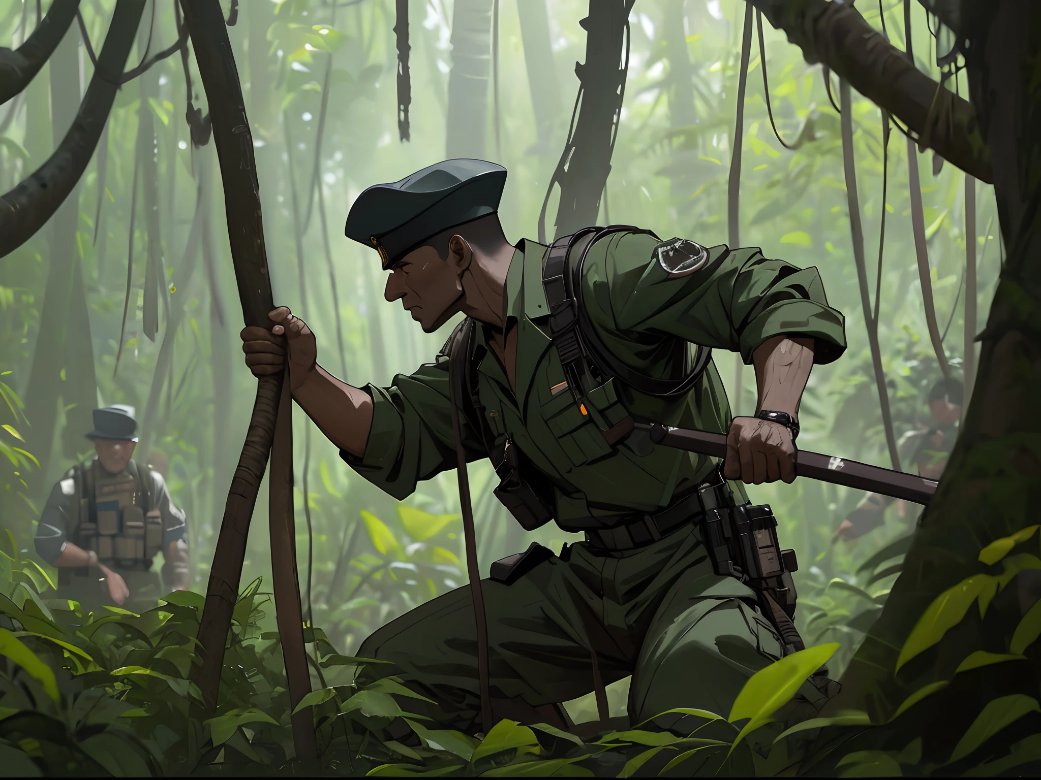 Photo of a group of black soldiers in the jungle, Promotional photo from the film, male soldier in the forest, Jungle in the background, Background, On Netflix, Selved, Jungle in the background, forrest in background, Savage doctor in the jungle, forrest in background, Promotional photo with a jungle background, Mickey Ace Macro Photography, Close-up, Ultra detailed, It is popular on the art stage, Clear focus, Studio photos, Complex details, Highly detailed, by Greg Rutkowski