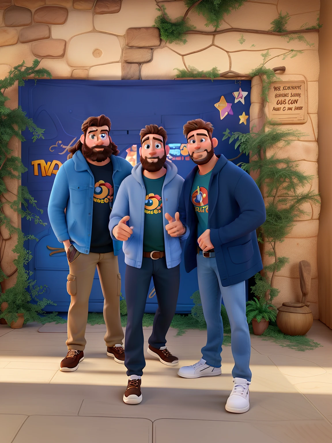 Poster no estilo Disney pixar, alta qualidade, melhor qualidade, Three Sexy White Men, 30 anos cabelo castanhos barba preta, musculoso, com fundo em um estudio de podcast a luz