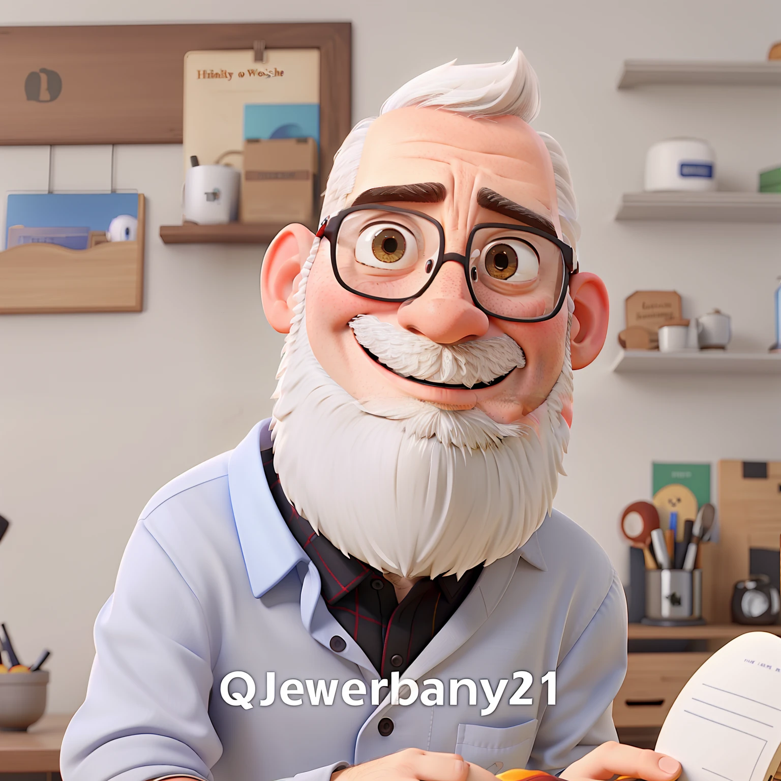 A bald man with white beard and glasses with smile in high pixar style image quality