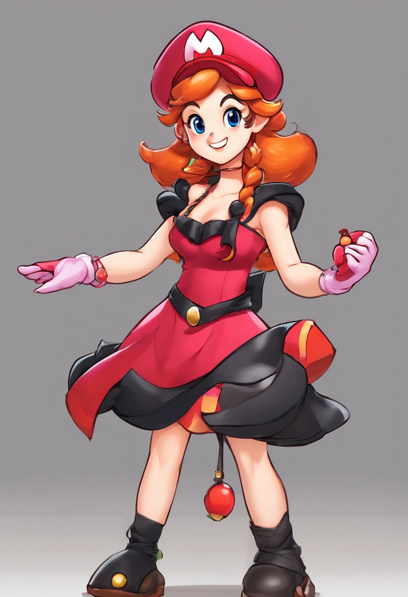 Gingerhead clown girl, beautiful, sexy, graceful, giant bust, elegant female body, red gloves, she holds a microphone in her hand, green eyes, clown makeup, hair tails, a big purple bow on her neck, a desired big breasts, a propeller in her tummy, cute dress, white smooth skin, she smiles slyly, walking with grace, high detailing, realistic, 4K, 3D