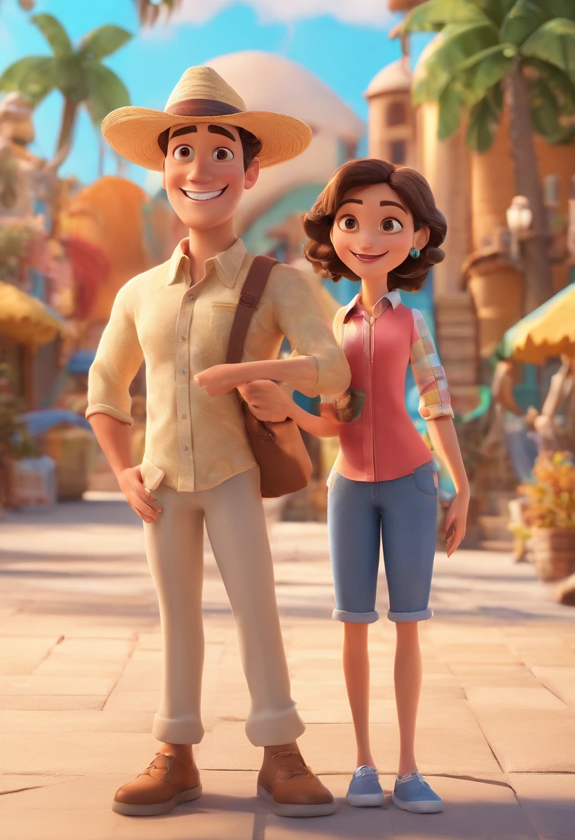Cartoon of couple having fun on vacation together, 3D Animation Movie Poster, Poster de filme animado, pixar 3 d animation style, pixar renderman rendering, maia 8 mil, animated film, Disney Pixar Estilo 3D, amigos felizes saem juntos, all wearing light blue shirts and cream brown long pants, camisa azul clara, cream brown pants, ao ar livre, vacation, Disney Pixar Animation Poster