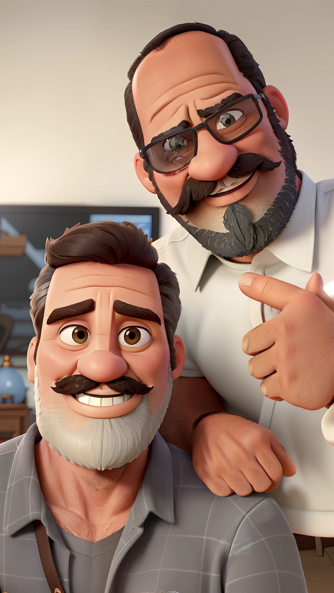 (homem branco, 48 anos, com barba e bigode grisalho, e homem negro com 51 anos com barba e bigode grisalho) no estilo Disney Pixar, alta qualidade, melhor qualidade.