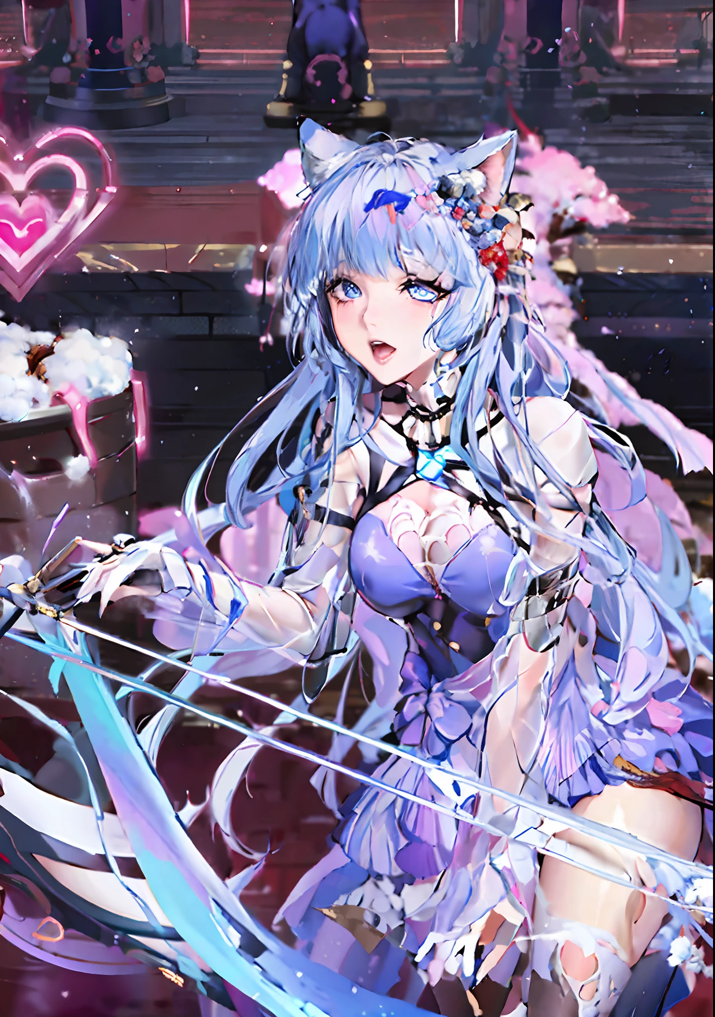 Anime girl with long hair and blue eyes holding a bow and arrow, nightcore, A scene from the《Dungeons & Warriors》videogame, Splash art anime Loli, ahegao, anime moe art style, azur lane style, Very beautiful anime cat girl, Ayaka Genshin impact, Best anime 4k konachan wallpaper, Marin Kitagawa fanart, anime girl with cat ears