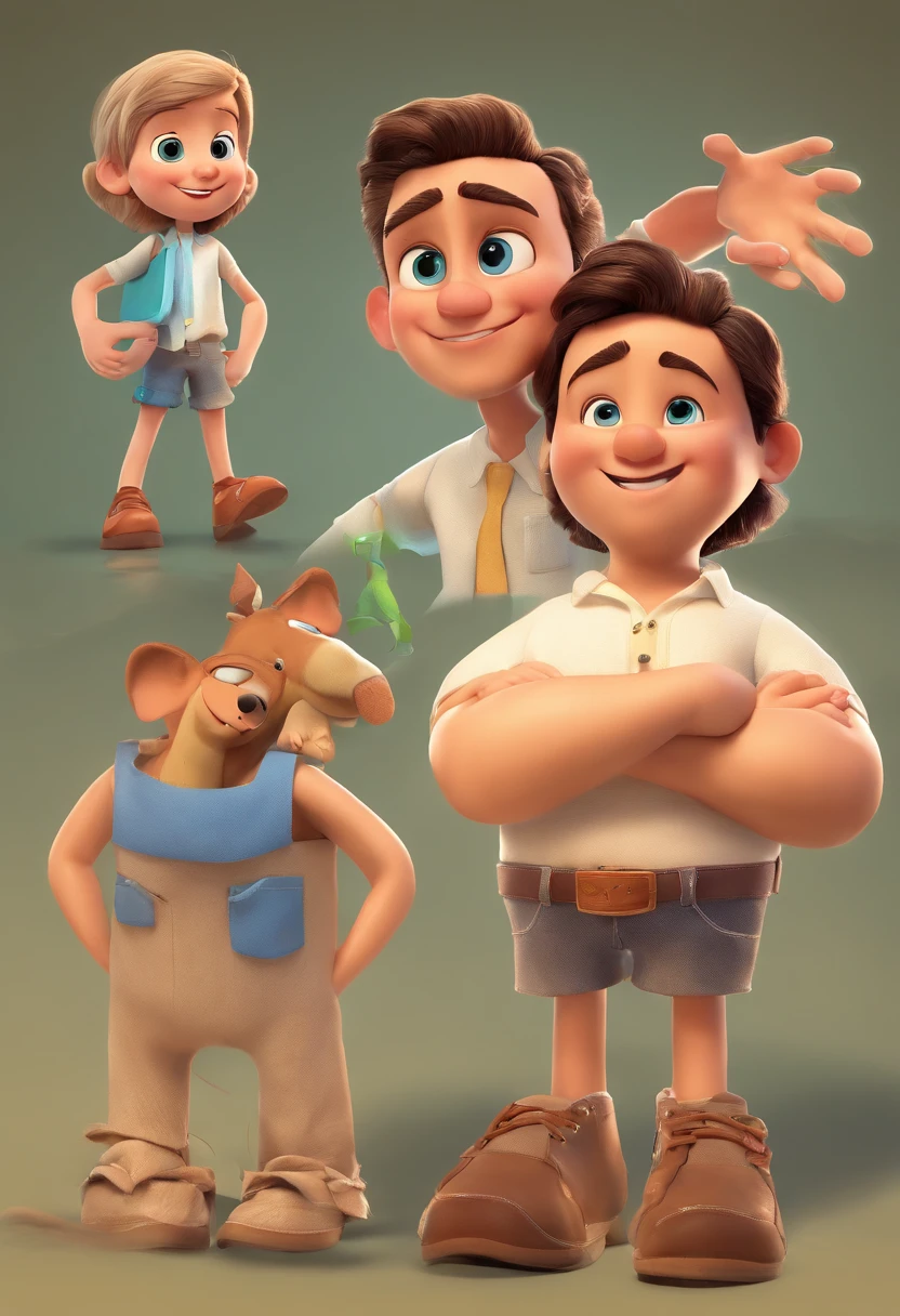 Pai e filha jovens, Um pai careca escuros segura a filha com o rosto alegre, wearing a black T-shirt and jeans, The two hands of the father holding a daughter who is holding a teddy bear, The girl's hands pointing forward, short hair, um rosto alegre e uma boca aberta, 3D Animation Movie Poster, Poster de filme animado, pixar 3 d animation style, pixar renderman rendering, maia 8 mil, animated film, Disney Pixar Estilo 3D, amigos felizes saem juntos, all wearing light blue shirts and cream brown long pants, camisa azul clara, cream brown pants, ao ar livre, vacation, Disney Pixar Animation Poster