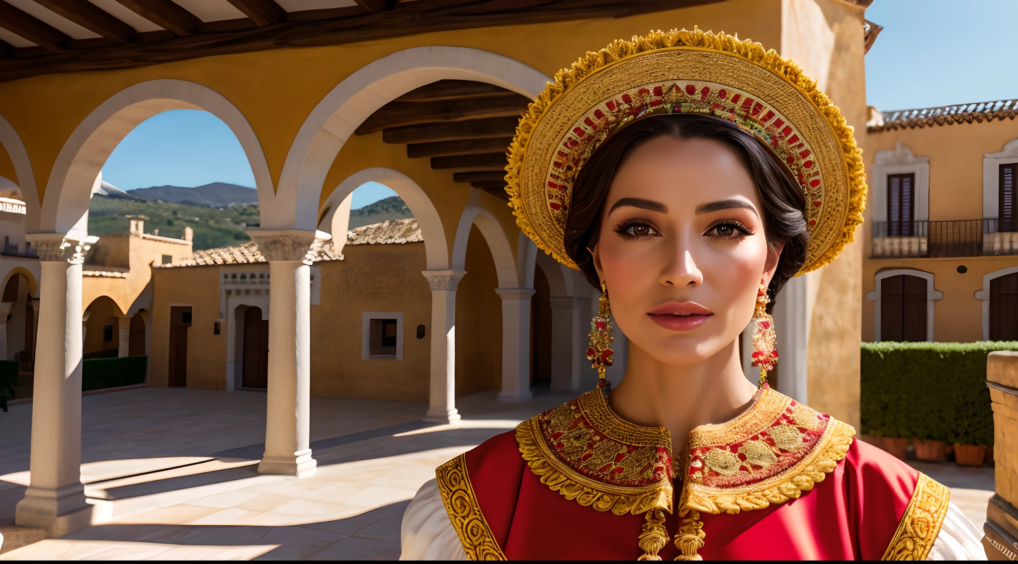 «»A photorealistic image of a beautiful woman dressed in traditional Spanish attire«», looking directly at the camera with confidence. The woman is adorned in a stunning traditional Spanish dress, with vibrant colors and intricate details. The background showcases a picturesque Spanish landscape, with the rooftop of a building providing a charming and authentic setting. The lighting is soft and natural, illuminating the woman's features and attire with warmth and elegance. The resolution is set at a professional 8K level, ensuring meticulous attention to detail in both the woman's appearance and the surrounding landscape. The final result should be a captivating photorealistic depiction of the woman's beauty and the essence of Spanish tradition.