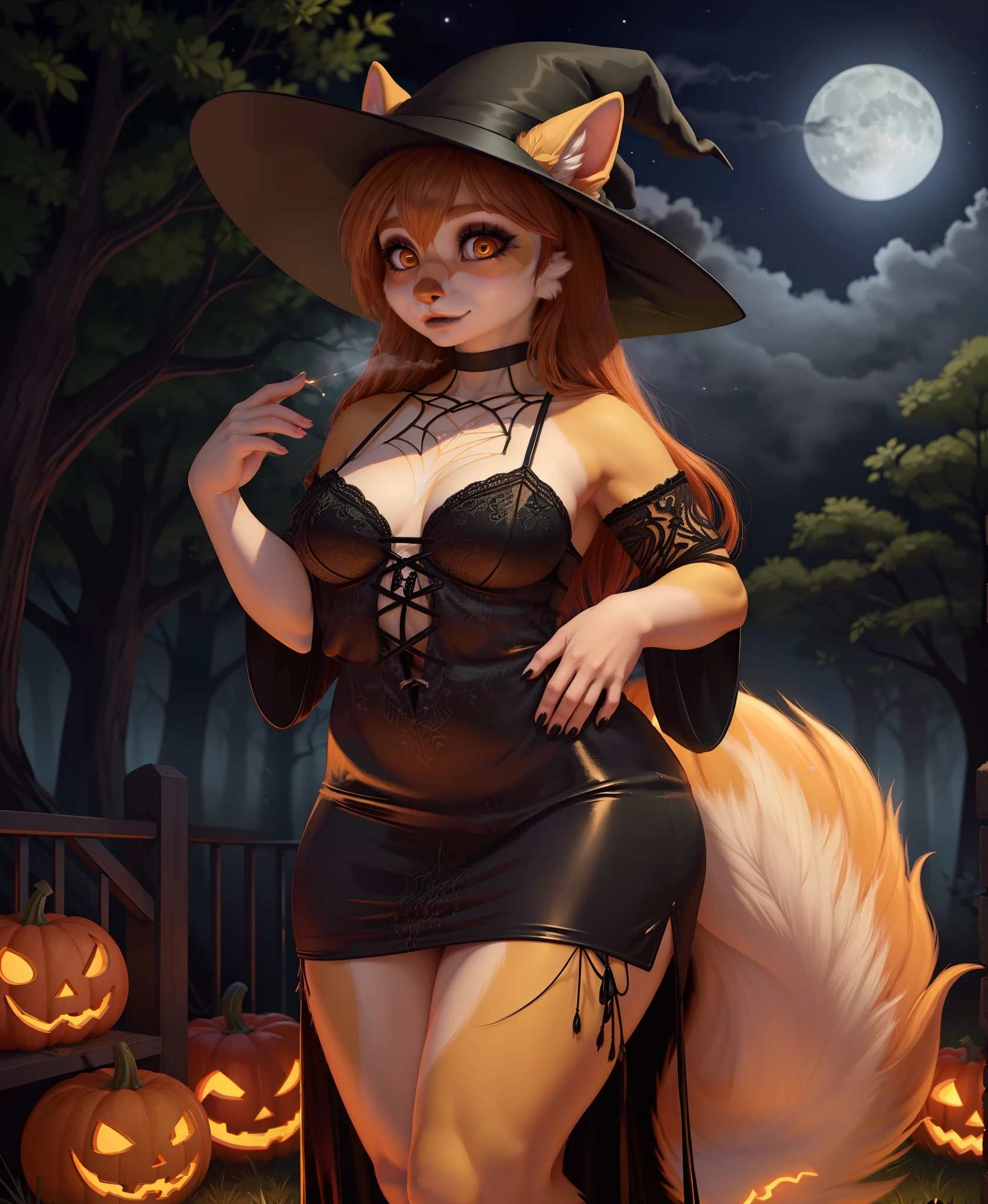 Realistic, Antecedentes detalhados, Misty forest at night, Full moon casting an ominous glow, atmosfera ao ar livre, tema halloween, Pumpkins scattered around, o((voluptuoso)arcanino feminino), (pele laranja elegante e ardente), (Intense amber eyes), presas afiadas, cauda longa e fofa, ((peito e coxas fofos:1.4):0.7), ela usa uma fantasia de Halloween, (vestido preto apertado), (Black witch hat with spider web pattern), smoky makeup, (patas com garras adornadas com esmalte vermelho-sangue), confident expression, pequeno