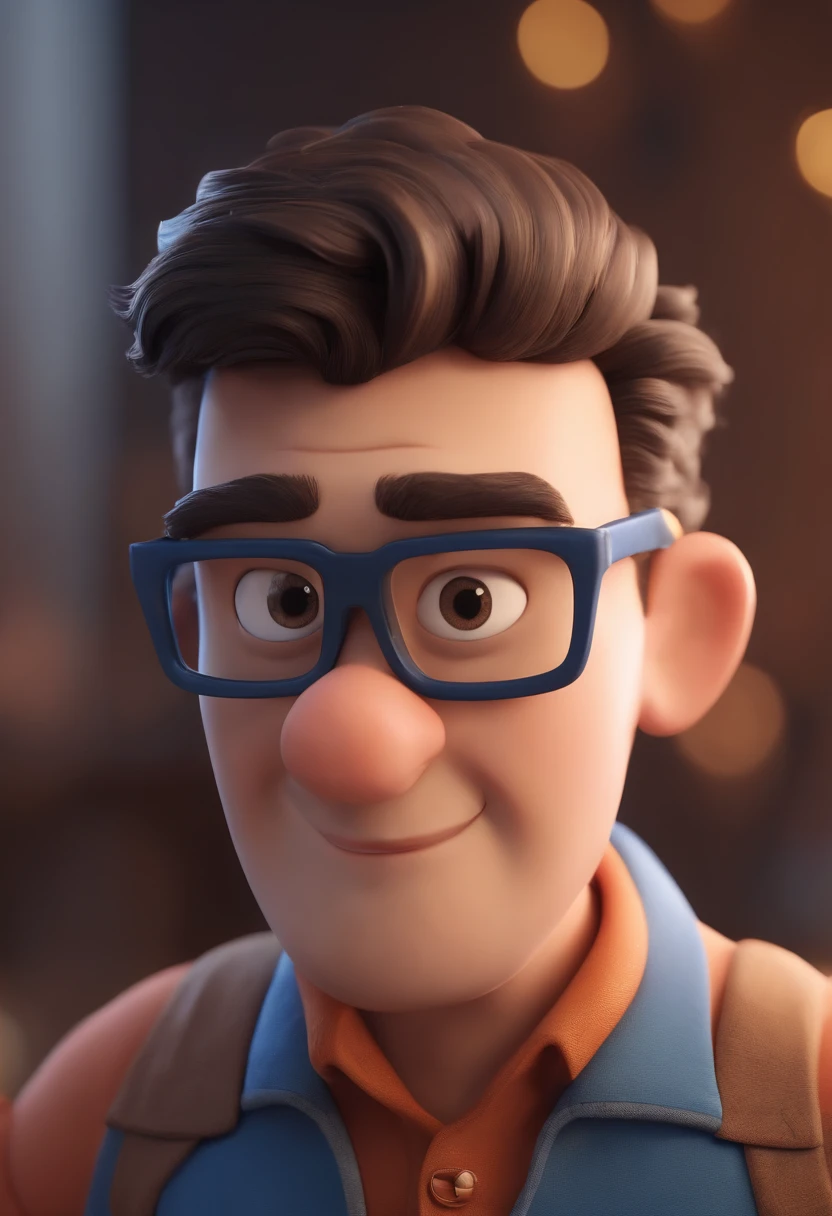 Cartoon character of a man wearing black glasses and a blue shirt, um personagem animado, Caractere estilizado, animation style rendering, 3D estilizado, Arnold Maya render, 3 d render stylized, toon render keyshot, Personagem 3D, Personagem 3D, 3d rendering stylized, 3 d character render, personagem de desenho animado, Personagem de close up, Pose de personagem, (Estilo Pixar) (master part:1.2) (Bokeh) (best quality) (pele detalhada) (textura detalhada) (8k) (argila) (Cinematic lighting) (foco nítido,Senta e vaza a parte superior do corpo