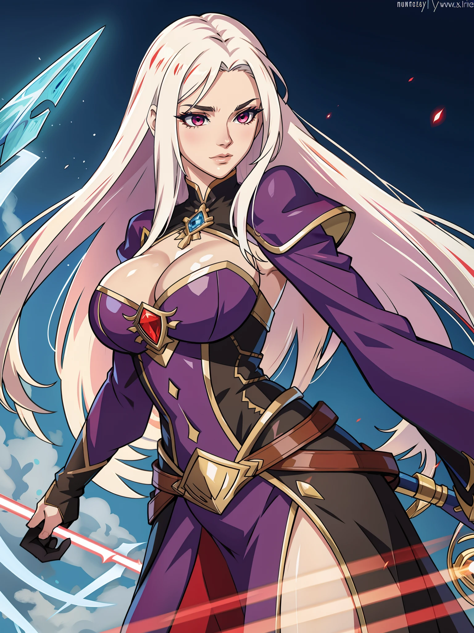 Mature woman, (fantasy:1.2), (backlight:1.2), glowing hairs, glowing eyes, red eyes, white hair, long hair,  clevage, epic , camera angle, dynamic, UE5, Valentinez Alkalinella Xifax Sicidabohertz Gombigobilla Blue Stradivari Talentrent Pierre Andri Charton-Haymoss Ivanovici Baldeus George Doitzel Kaiser III