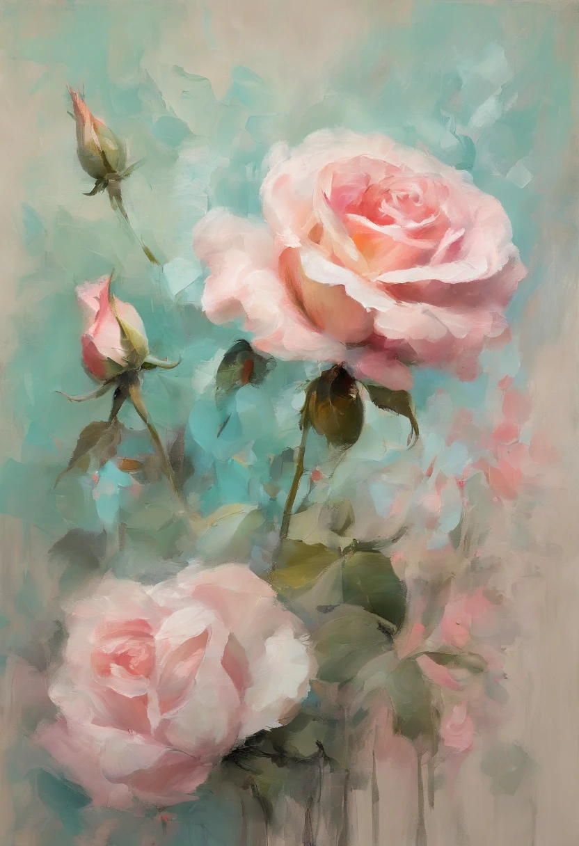 Fancy fancy fancy elegant botanical rose floral minimalism with a wave of flowers garden flowers flowing floating in hazy pastel pink, aqua green, damasco pastel, smoke fractal, flores mal-humoradas e massivamente realistas, octane rendering, Arte de parede Josephine, Isabel eu fui, Jean, Amy Castanho