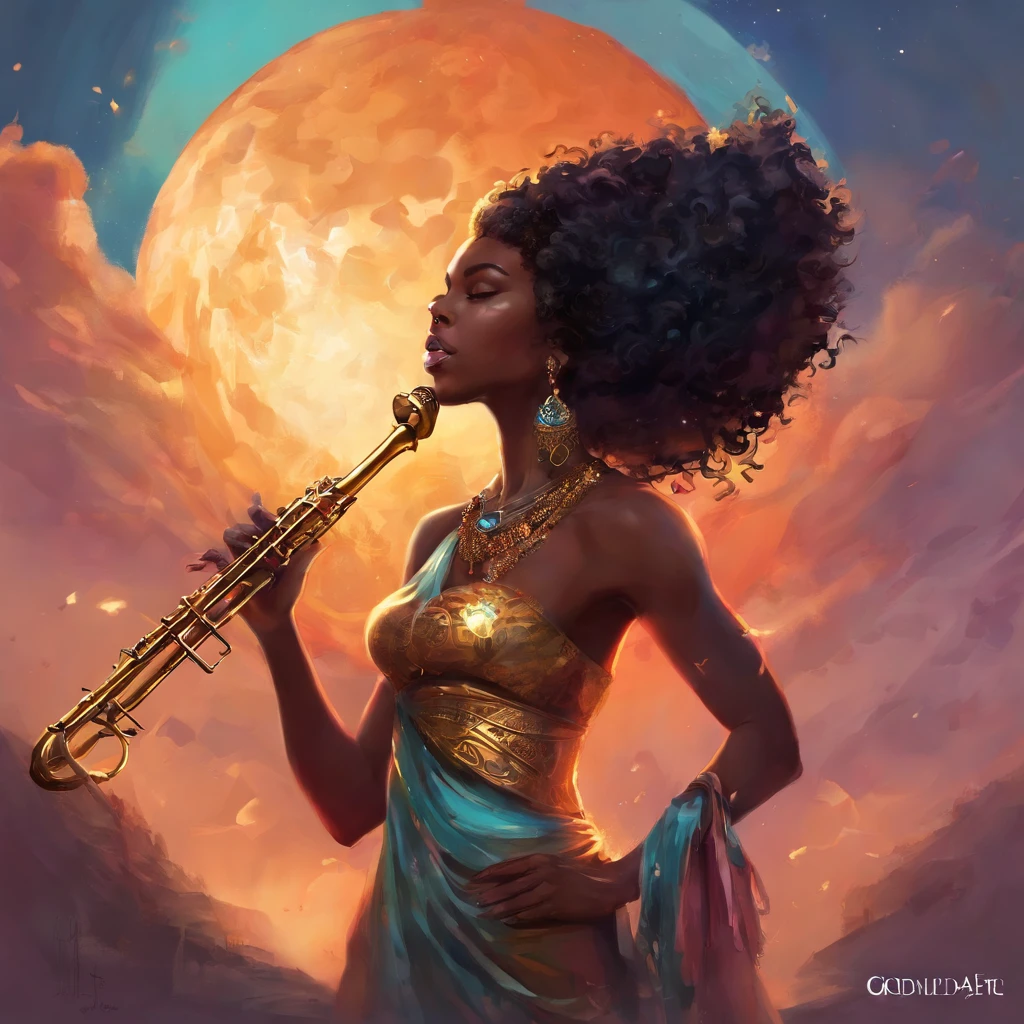 Mulher negra, gordinha,cabelo bem curto afro, tocando saxofone