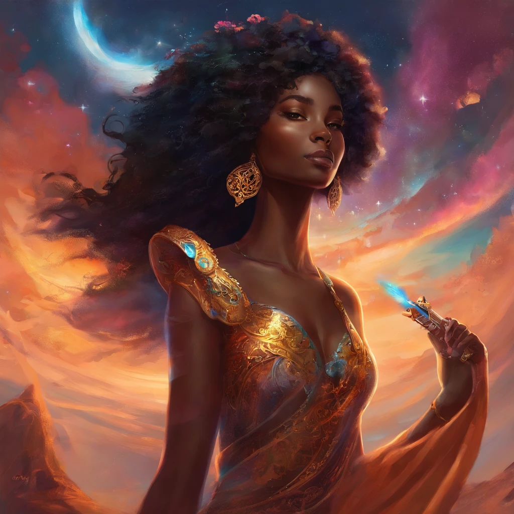((masterpiece, ultra-detailed, 48k Cinematography, HDR)) ((Afro-caribbean Dark-skinned female in fringe and feathers)), purple outfit, hourglass physique,thick, alluring, , heart hips, long, toned legs. feathered and fringe woman remaking the universe step by step.:: official art, beautiful and aesthetic, high paced, action packed, ((masterpiece, ultra-detailed, highly detailed)) ( full body, (split pov), ( sense of depth, depth of field, ), anime splash-art, , movie scene, afrofuturistic , depth of field, dynamic angle, scenery, dramatic lighting, volumetric lighting