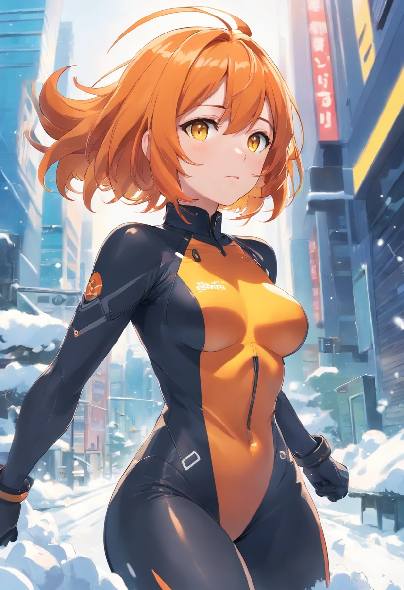 1 female、Orange hair、Colossal tits、Big ass、black rubber suit、yellow eyes、Large, thick thighs、a short bob、wide hips、snow blowing、run