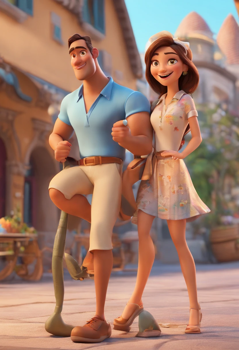 Cartoon of couple having fun on vacation together, 3D Animation Movie Poster, Poster de filme animado, pixar 3 d animation style, pixar renderman rendering, maia 8 mil, animated film, Disney Pixar Estilo 3D, amigos felizes saem juntos, all wearing light blue shirts and cream brown long pants, camisa azul clara, cream brown pants, ao ar livre, vacation, Disney Pixar Animation Poster