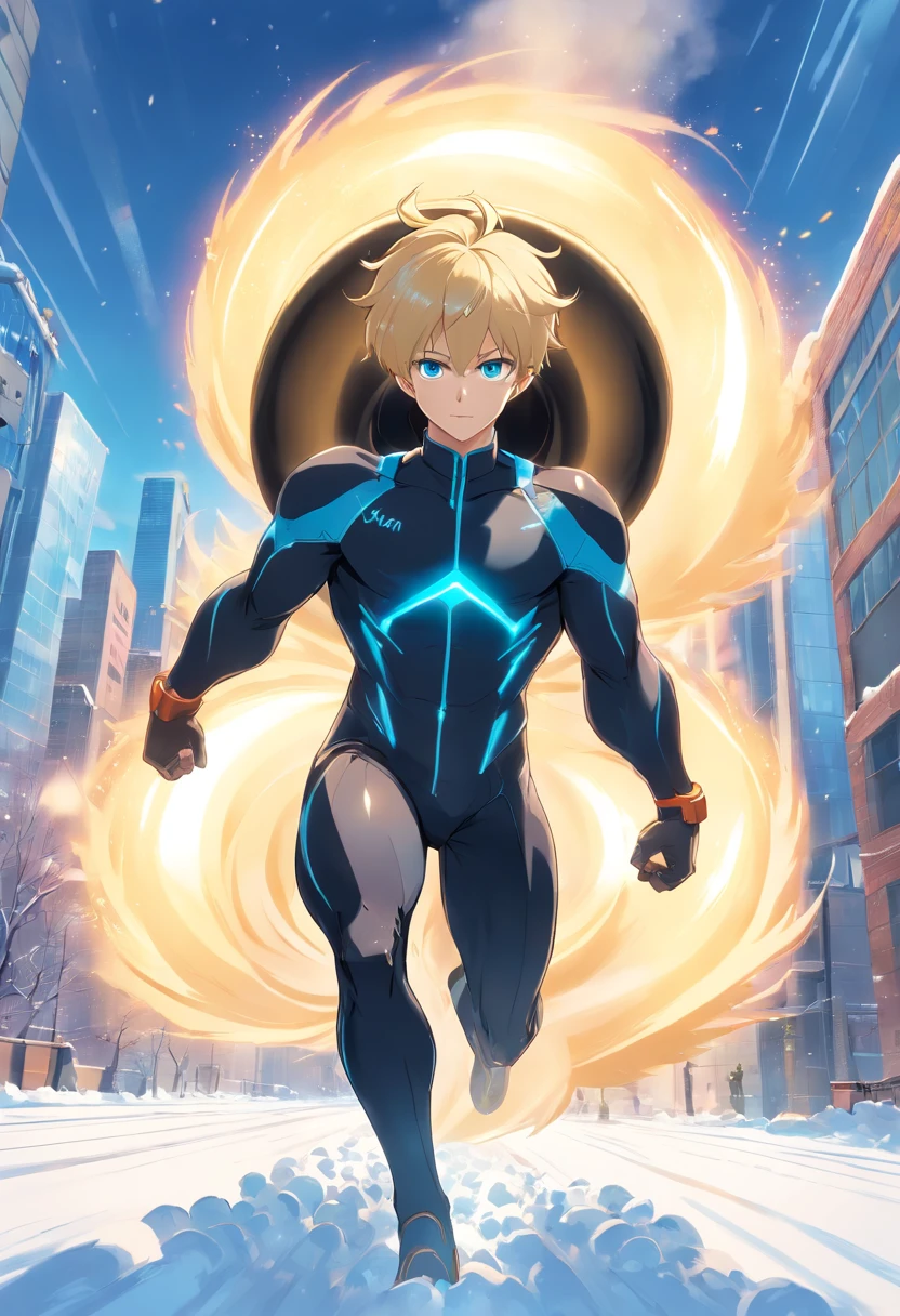 1 male human、a blond、Huge ass、black rubber suit、blue eyess、Large, thick thighs、short-haired、wide hips、musculature、run、snow blowing、kou