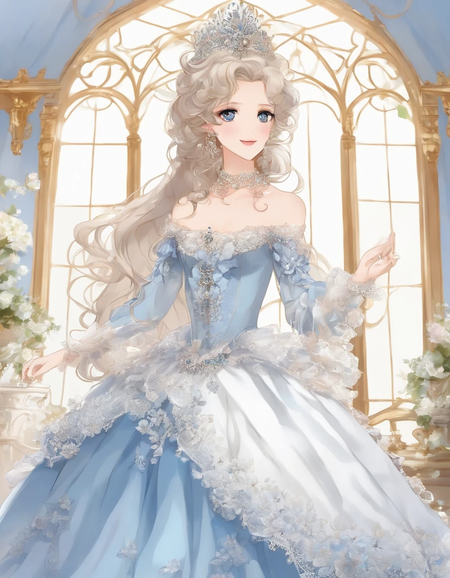 ((anime artstyle)),(Masterpiece),(Best quality),(super detail),(very delicate and beautiful),seulement,((corps entier,pose debout)),debout dans le Palais Royal,((1 jeune reine dans une magnifique robe de bal rococo avec une jupe cerceau volumineuse pleine longueur)),(crinoline),broderie magnifique,((Beautiful Gemstone Jewelry)),detailed face and eyes,Jewel-like blue eyes,((Large amount of straight hair,Extremely long voluminous hair)),((Gigantic,Long,skindentation)),broderie magnifique,clivage,Extremely Gorgeous Full Hair Ornament,(Bling-bling extremely gorgeous jewel tiara),Corsage magnifique,(Angle dynamique),Regarder le spectateur,((corps entier))