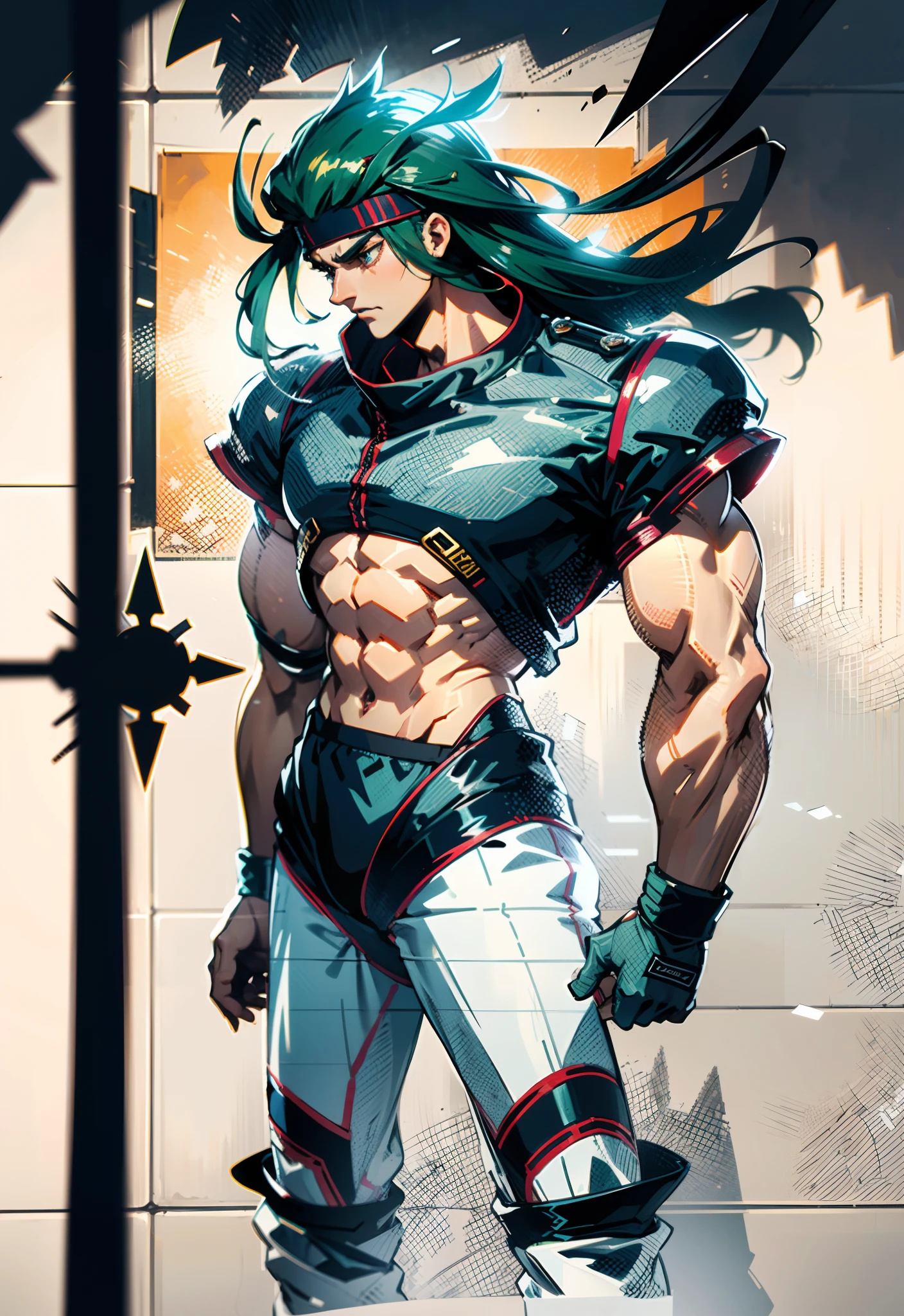 1male, darkskin, dreads, tank top, lean build, gold eyes, black super suit, wolf ears, serious, gloves
