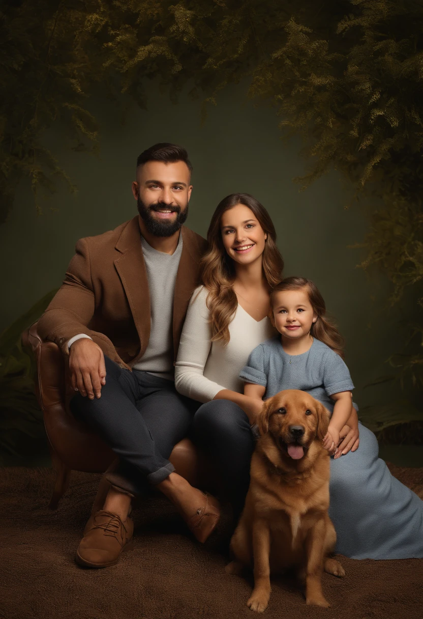 There's a man and a woman sitting on a bed with a and a dog, family photography, family portrait, Happy family, retrato de alta qualidade, Family photo, Antecedentes complexos, sentado em uma nuvem fofa, product introduction photos, imagem retrato, highly detailed composition, sitting on the cosmic cloudscape, with dogs, studio potrait, retrato detalhado, editing, fami, fotografia