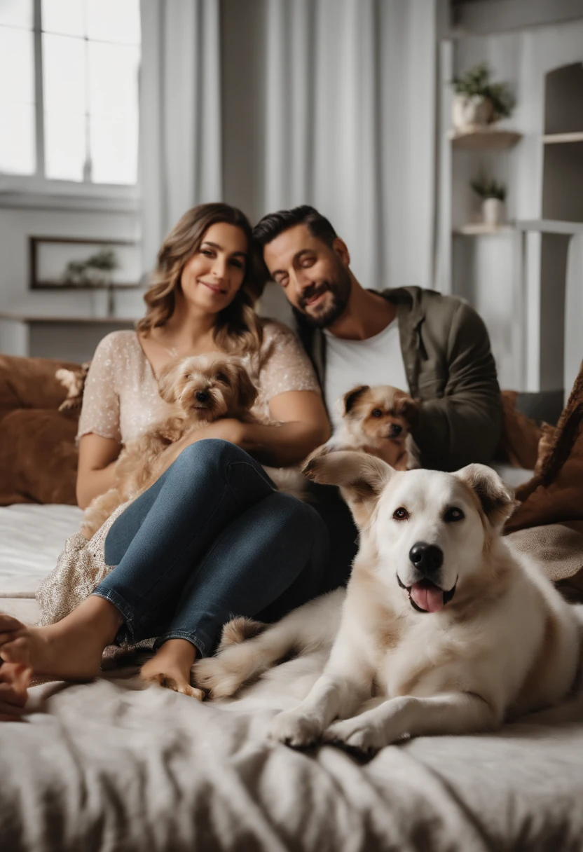 There's a man and a woman sitting on a bed with a and a dog, family photography, family portrait, Happy family, retrato de alta qualidade, Family photo, Antecedentes complexos, sentado em uma nuvem fofa, product introduction photos, imagem retrato, highly detailed composition, sitting on the cosmic cloudscape, with dogs, studio potrait, retrato detalhado, editing, fami, fotografia