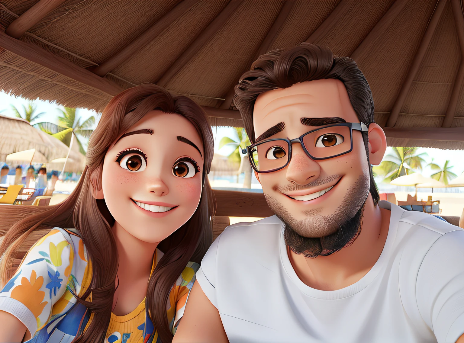 Um casal em uma praia sorrindo
