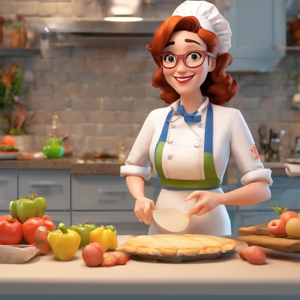 Crie uma cena de desenho animado  estilo 3d -Pixar, Onde uma mulher, de cabelos ondulados castanhos e olhos verdes com 50 anos de idade, She's cooking dressed as a pastry chef.