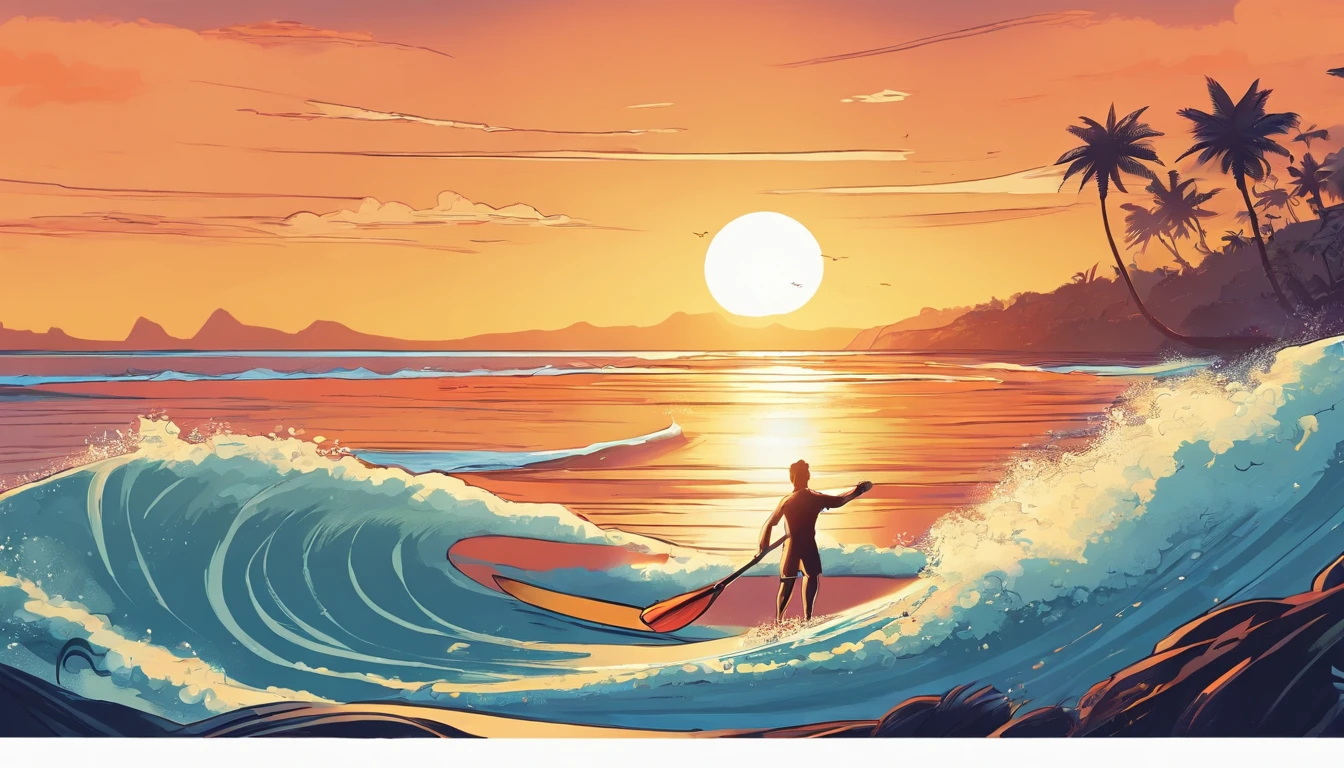 create an image based on the reference of the photograph, man, tall, 35 years old, dark skin, dark hair, very short hair, surfer, wearing black rubber clothing, surfing a wave, doing a surfing maneuver, black board, on a paradise beach, orange sky, sun rising, morning surf, sun reflections on the water, Disney style, pixar style, chibi, full body, cute, smiling, unreal engine, detailed, ultra high definition, 8k