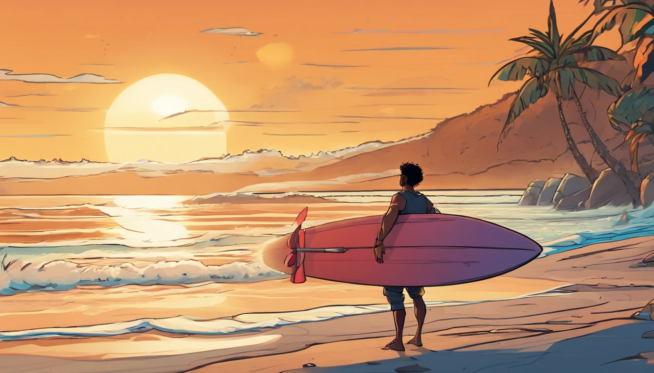 create an image based on the reference of the photograph, man, tall, 35 years old, dark skin, dark hair, very short hair, surfer, wearing black rubber clothing, surfing a wave, doing a surfing maneuver, black board, on a paradise beach, orange sky, sun rising, morning surf, sun reflections on the water, Disney style, pixar style, chibi, full body, cute, smiling, unreal engine, detailed, ultra high definition, 8k