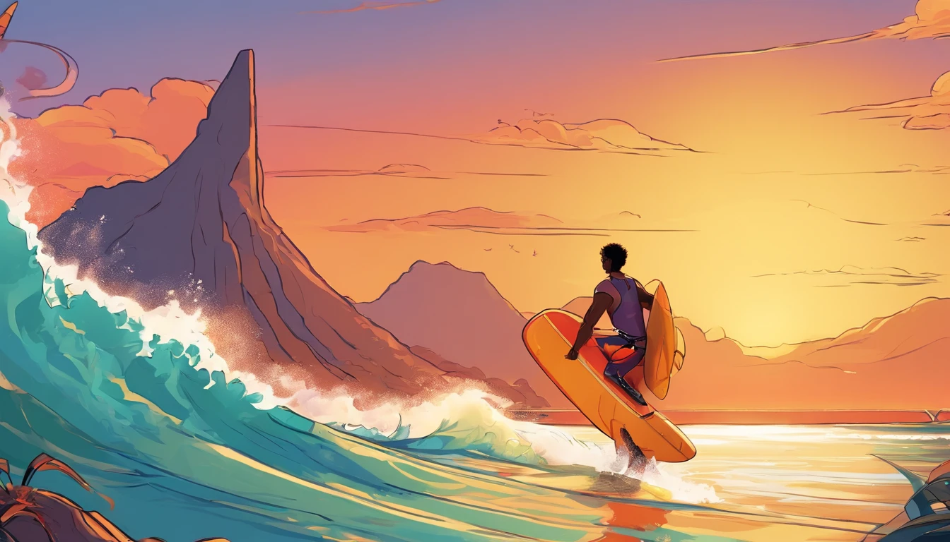 create an image based on the reference of the photograph, man, tall, 35 years old, dark skin, dark hair, very short hair, surfer, wearing black rubber clothing, surfing a wave, doing a surfing maneuver, black board, on a paradise beach, orange sky, sun rising, morning surf, sun reflections on the water, Disney style, pixar style, chibi, full body, cute, smiling, unreal engine, detailed, ultra high definition, 8k