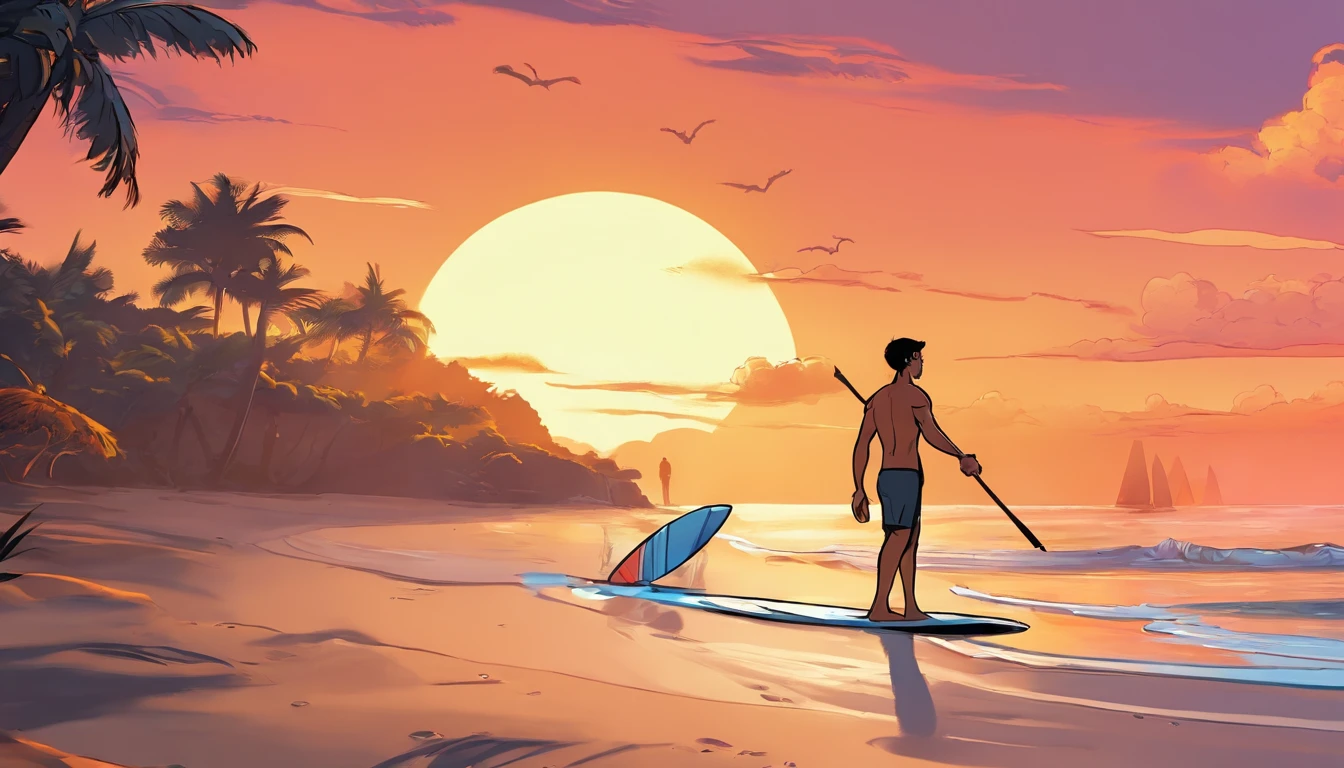create an image based on the reference of the photograph, man, tall, 35 years old, dark skin, dark hair, very short hair, surfer, wearing black rubber clothing, surfing a wave, doing a surfing maneuver, black board, on a paradise beach, orange sky, sun rising, morning surf, sun reflections on the water, Disney style, pixar style, chibi, full body, cute, smiling, unreal engine, detailed, ultra high definition, 8k